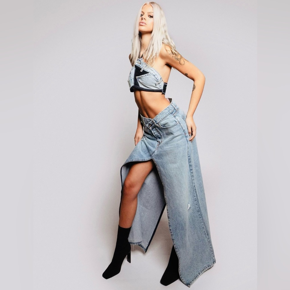 NWT. REVICE Brooklyn Skirt / Long Weekend. Light Wash Denim Maxi Slit Skirt.